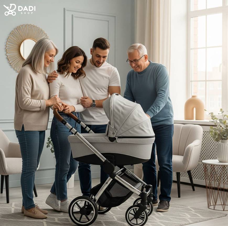 Dziadkowie i młodzi rodzice wspólnie wybierają wózek dla dziecka- tradycja i nowoczesność